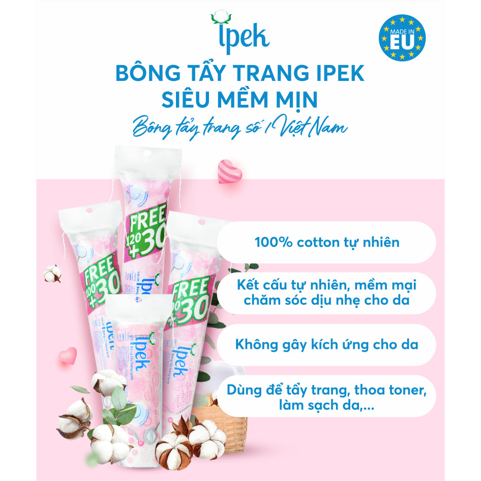Combo 4 bông tẩy trang ipek thổ nhĩ kì siêu mềm mịn 150 miếng - Mẫu bao bì 1-2