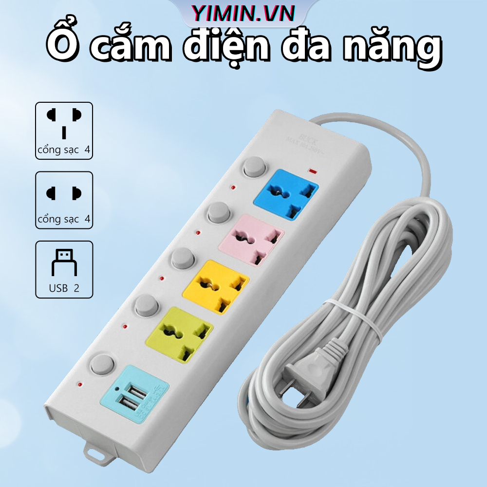 Ổ Cắm Điện Đa Năng Thông Minh 6 Lỗ Kèm Cổng Sạc USB Dây Dài 2M 5M