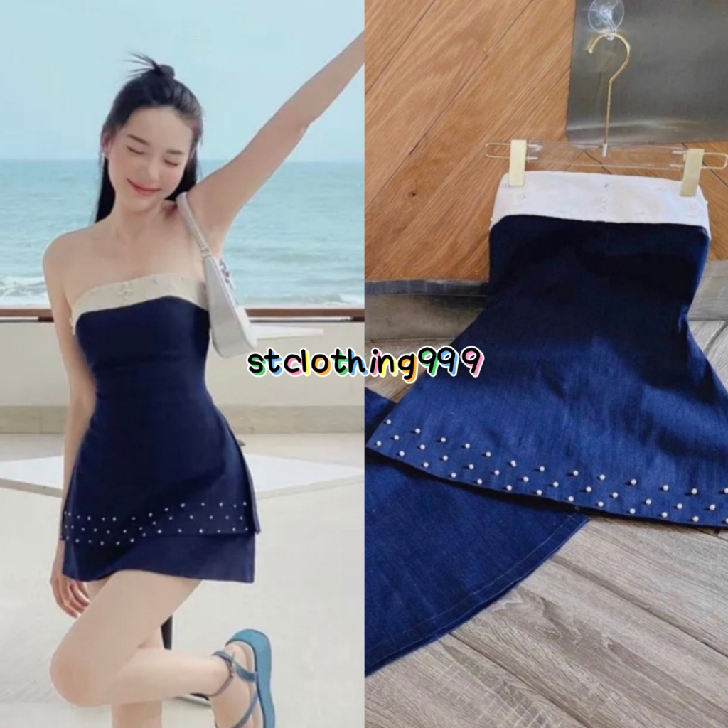 Set bộ chuẩn thiết kế của shop stclothing áo cúp ngực đính hạt ở đuôi áo phối váy chữ A trẻ trung tôn dáng
