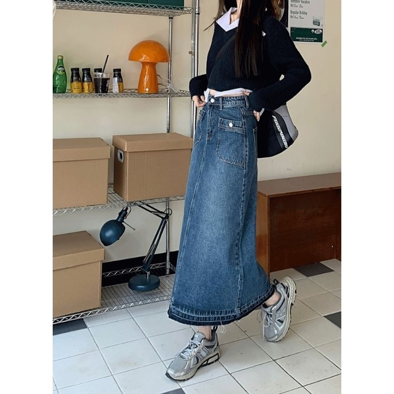 Chân váy jeans dài tua gấu dáng chữ A V6, chân váy jeans lưng cao hot2023 | BigBuy360 - bigbuy360.vn