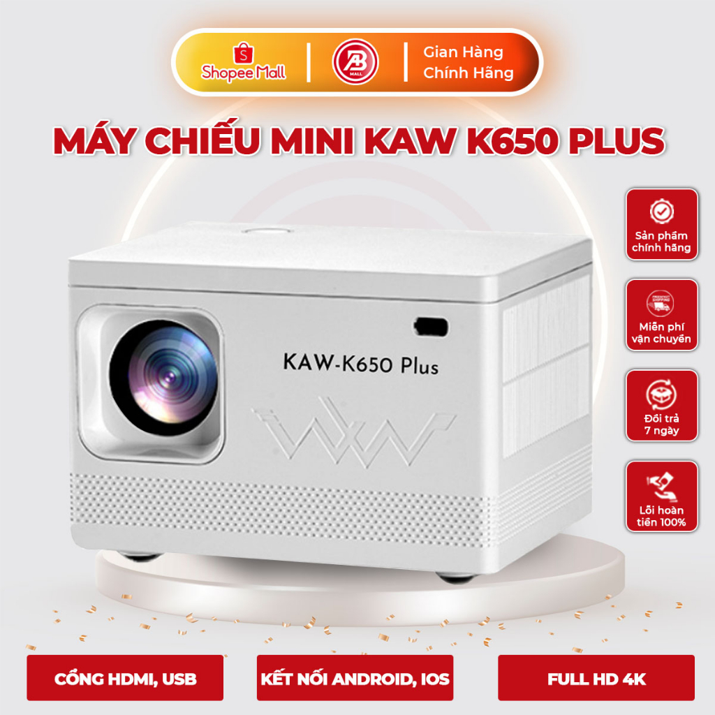 Máy Chiếu Mini KAW K650 Plus Chính Hãng Độ Sáng Cao 4K Full HD Kết Nối Đa Dạng Thiết Bị Qua Bluetooth, HDMI, WiFi