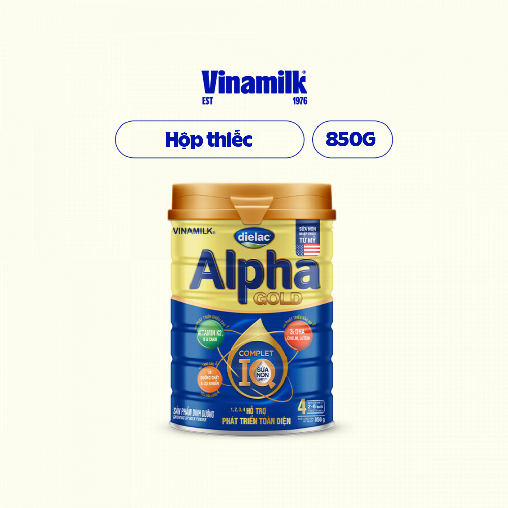 Sữa bột Vinamilk Dielac Alpha Gold 4 - Hộp thiếc 850g (cho trẻ từ 2- 6 tuổi)