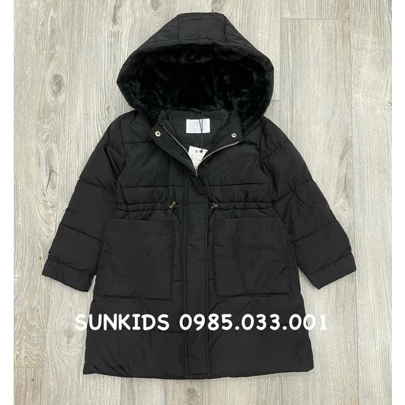 Áo phao Parka dây rút eo đen túi vuông