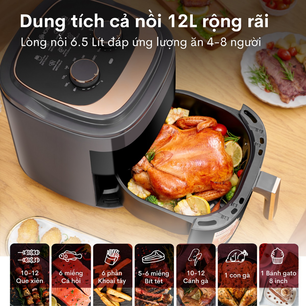 Nồi chiên không dầu 6,5 lít nhập khẩu FUJIHOME A6GG Công suất 1600W - Nhìn được thực phẩm bên trong - Bảo hành 18 tháng