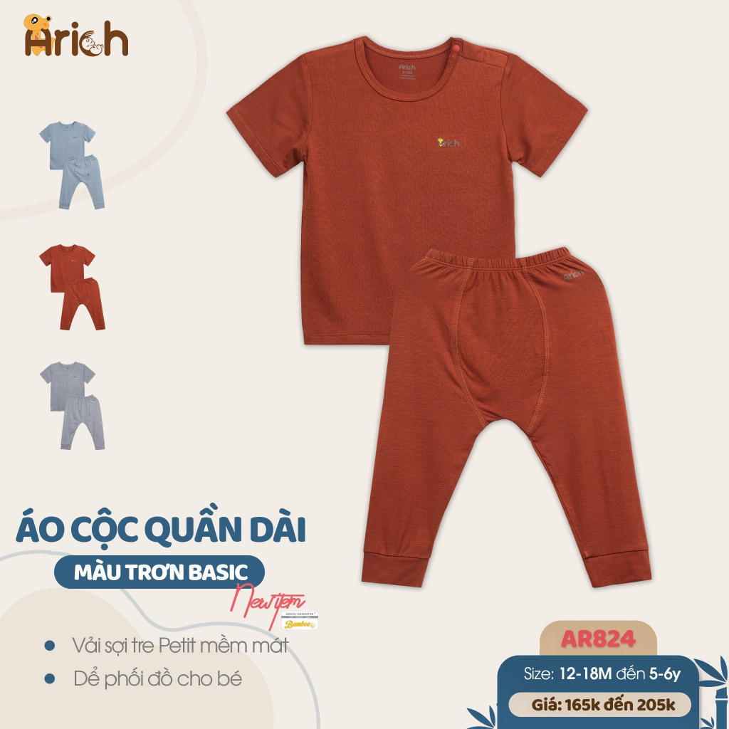 Bộ áo cộc quần dài vải sợi tre Arich cho bé từ 9 tháng đến 6 tuổi