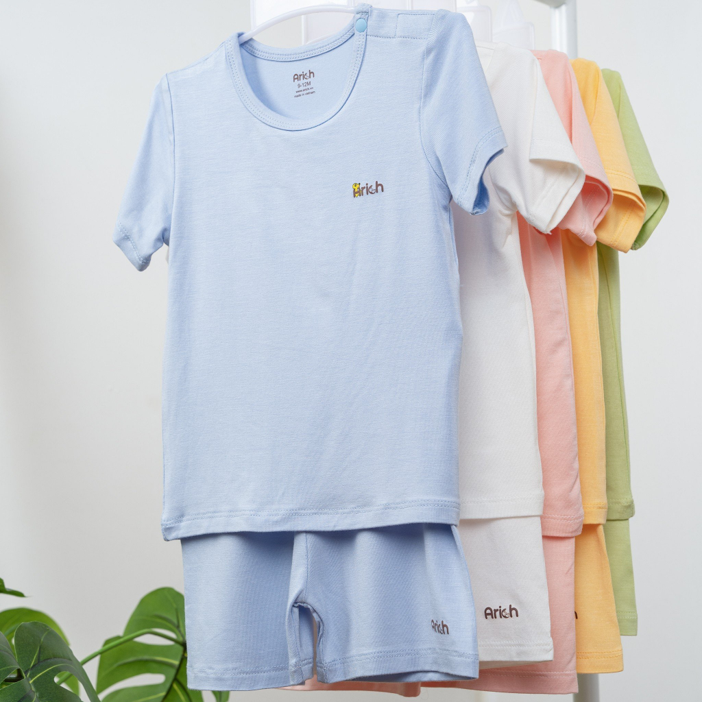 Bộ cộc tay cài vai 5 màu pastel cho bé chất liệu sợi tre mềm mát Arich cho bé 9m đến 6y
