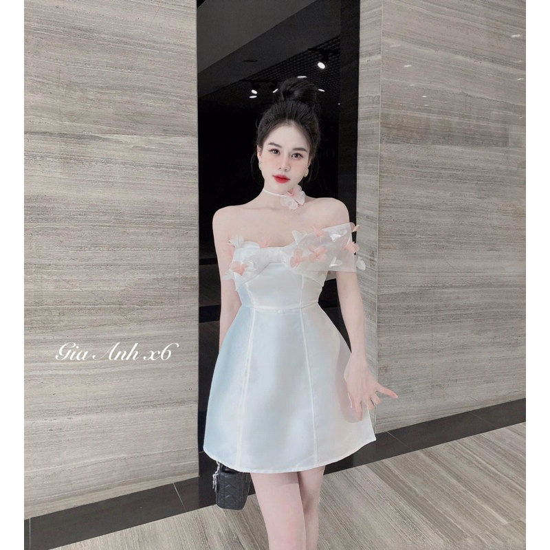 Váy Dự Tiệc Nơ Vai Tiểu Thư Kèm Choker Hoa