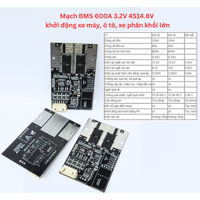 Mạch BMS 600A 3.2V 4S 14.8V khởi động xe máy, ô tô, xe phân khối lớn