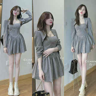 BỘ VÁY 2 DÂY XÒE NGẮN+ ÁO KHOÁC LỬNG TAY DÀI 050923