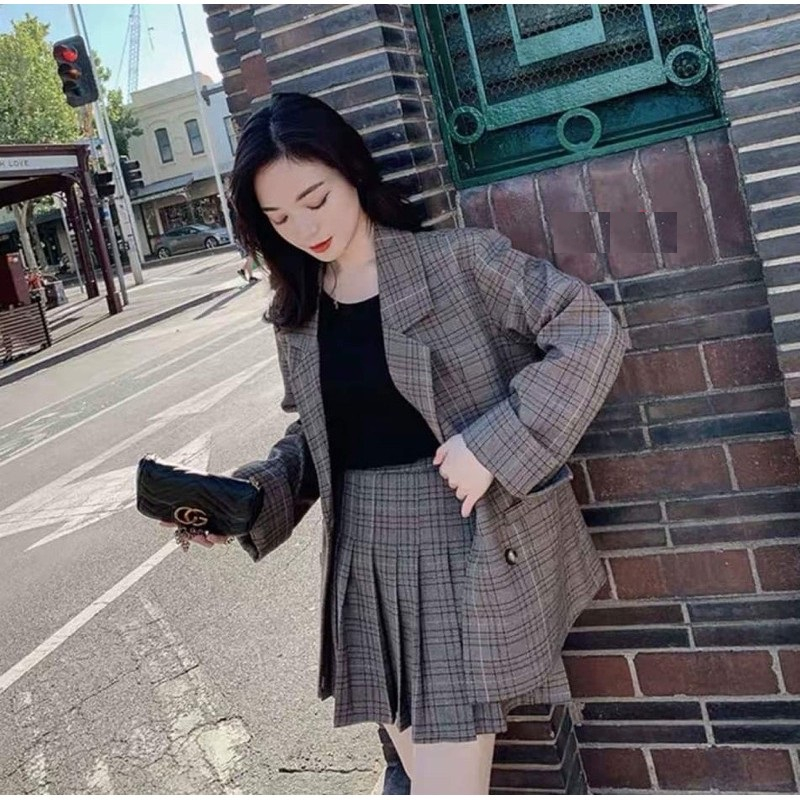 set chân váy kèm áo bazer tay dài kaki màu caro RF