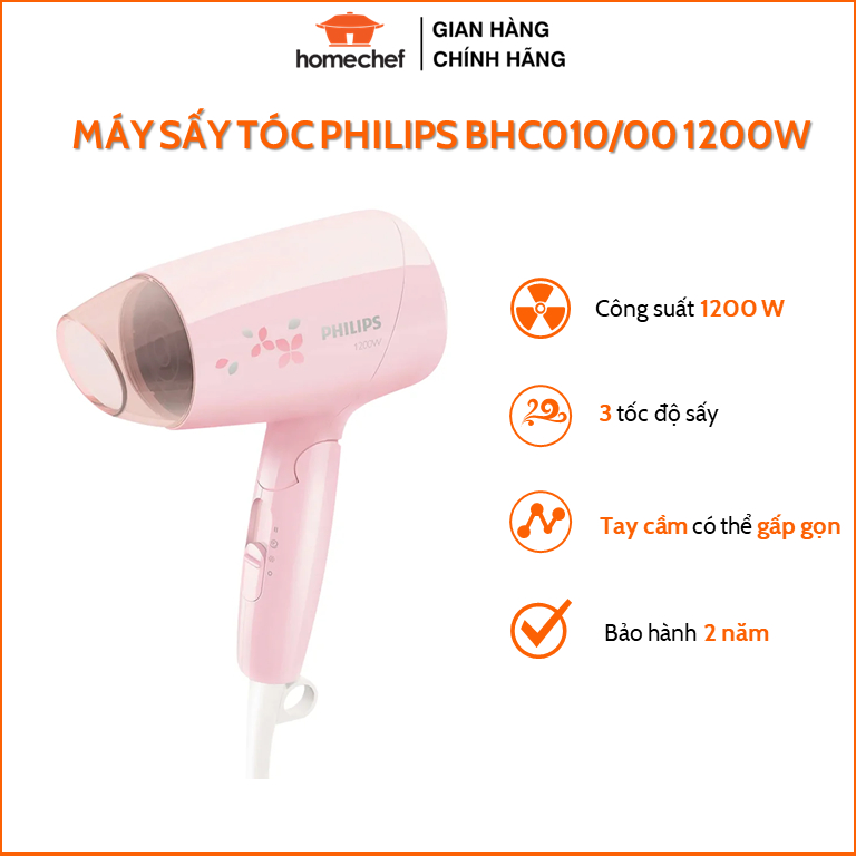 Máy sấy tóc Philips công suất 1200W, dễ dàng gấp gọn tiện lợi, bảo hành 2 năm chính hãng - BHC010/00
