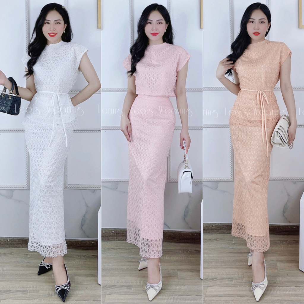 Set váy dáng dài dự tiệc LEOSWEARING chân váy dài xẻ tà sau mix áo tay dơi kèm dây thắt eo A510 A511 A512