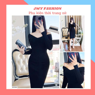 MV944 Váy body đen trễ vai phối hai dây freesize [Dolce Viva Colection (DVC)] váy body đen dự tiệc nữ tính