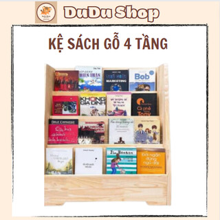 Kệ sách 4 tầng gỗ thông phủ bóng an toàn cho bé, Kệ gỗ để đồ cho bé, kệ giá sách 4 tầng Dudu shop