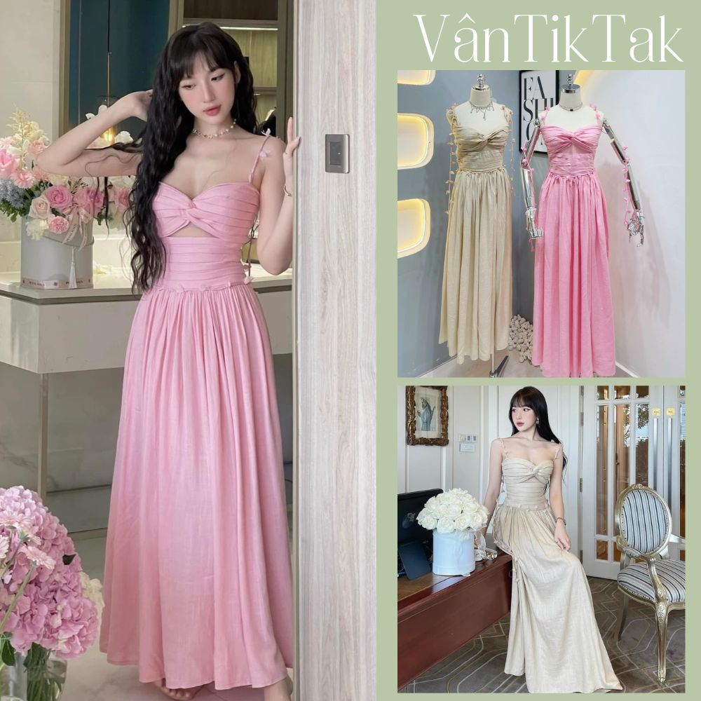 Đầm Maxi 2 Dây Dáng Dài Xoắn Ngực Phối Hoa Xếp Ly Eo Váy Maxi Đi Biển Du Lịch Dự Tiệc Sang Trọng Thiết Kế Cao Cấp