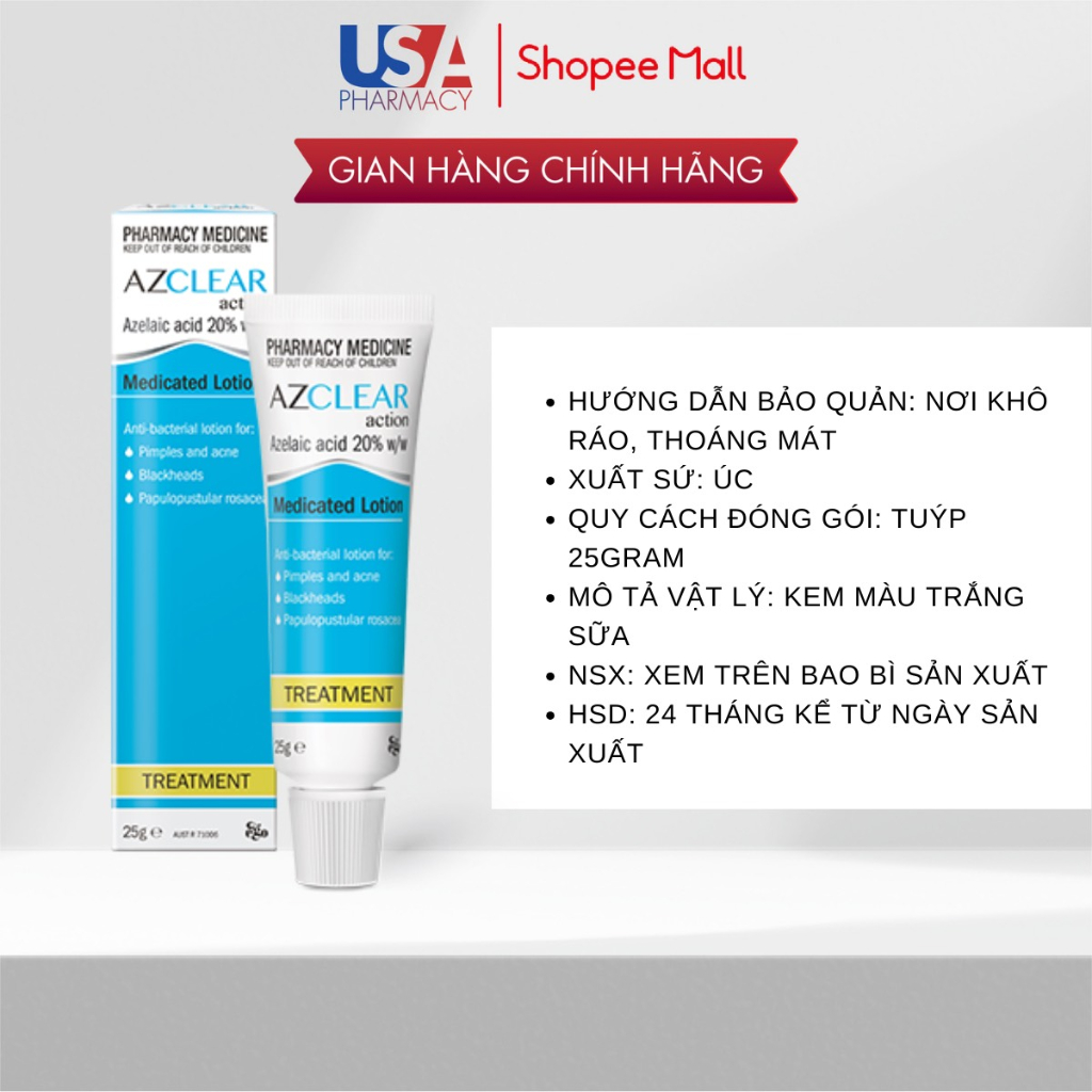 Kem Azclear Action Lotion 20% Azelaic Acid Giảm Mụn, Mờ Thâm 75gr