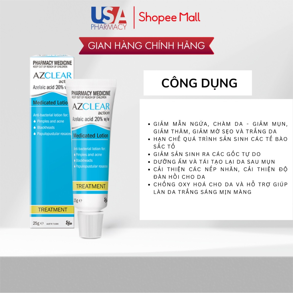Kem Azclear Action Lotion 20% Azelaic Acid Giảm Mụn, Mờ Thâm 75gr