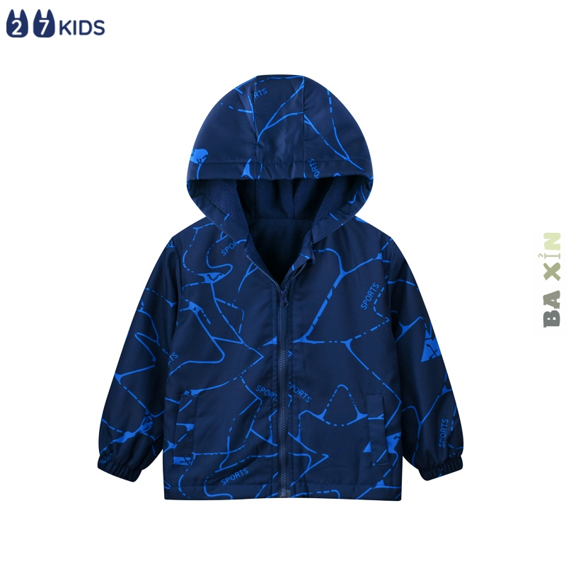 Áo khoác gió chần bông 27kids dài tay có mũ khoá kéo cho bé trai trẻ em từ 2 đến 10 tuổi size đại xuất dư