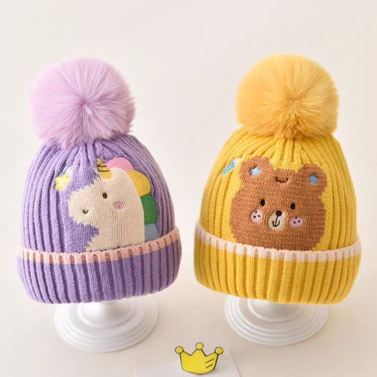 Mũ len hình gấu, thỏ, kỳ lân, khủng long và có bông trên đầu siêu cute dành cho bé từ 5 tháng - 2 tuổi
