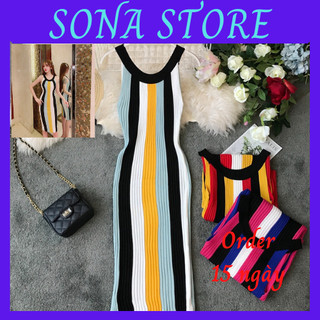 Váy body len dệt kim cổ yếm dáng dài kẻ sọc đầm ôm nữ sexy gợi cảm sang chảnh tiểu thư bánh bèo hàng quảng châu cao cấp