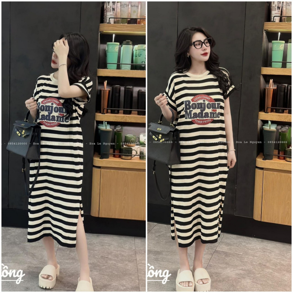 Váy len gân suông kẻ in chữ Madame, đầm suông cộc tay kẻ màu be phom rộng