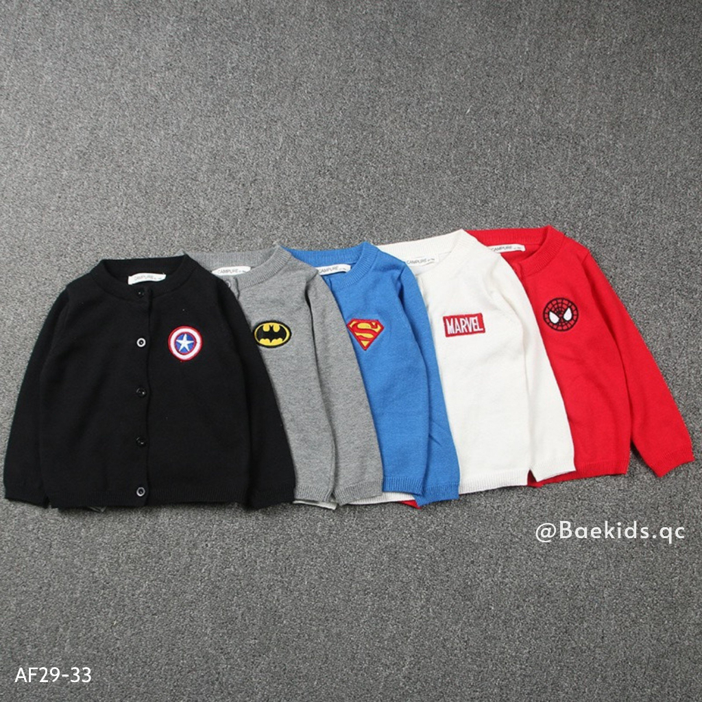 Áo khoác cardigan len cho bé trai BAEKIDS 11kg đến 34kg họa tiết siêu anh hùng