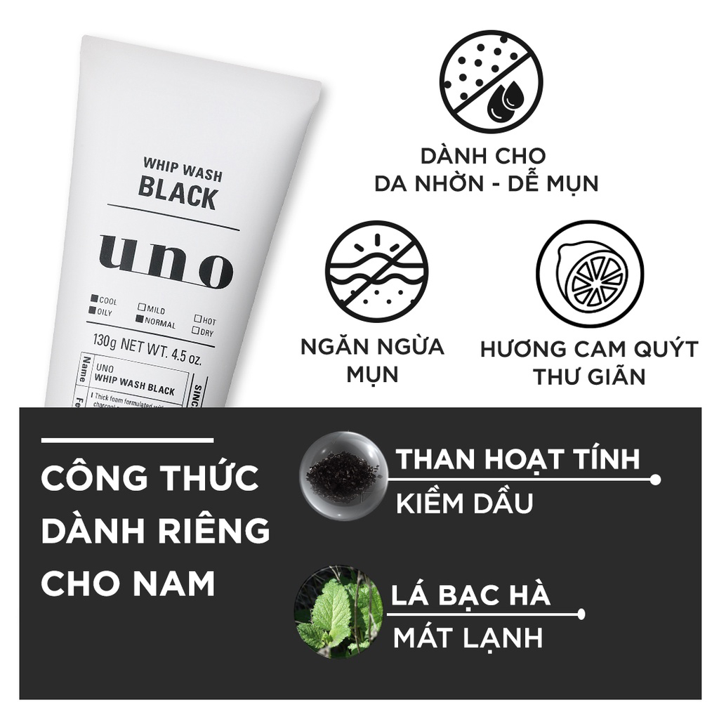 Sữa rửa mặt Tạo bọt Sạch nhờn cho da dầu UNO Whip Wash Black 130g