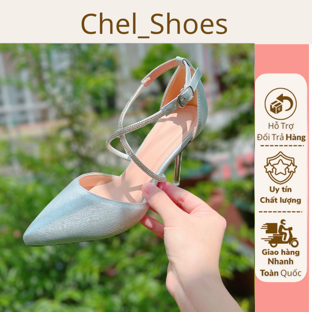 Giày nữ phối dây đá si kim tuyến cao 8cm - B83