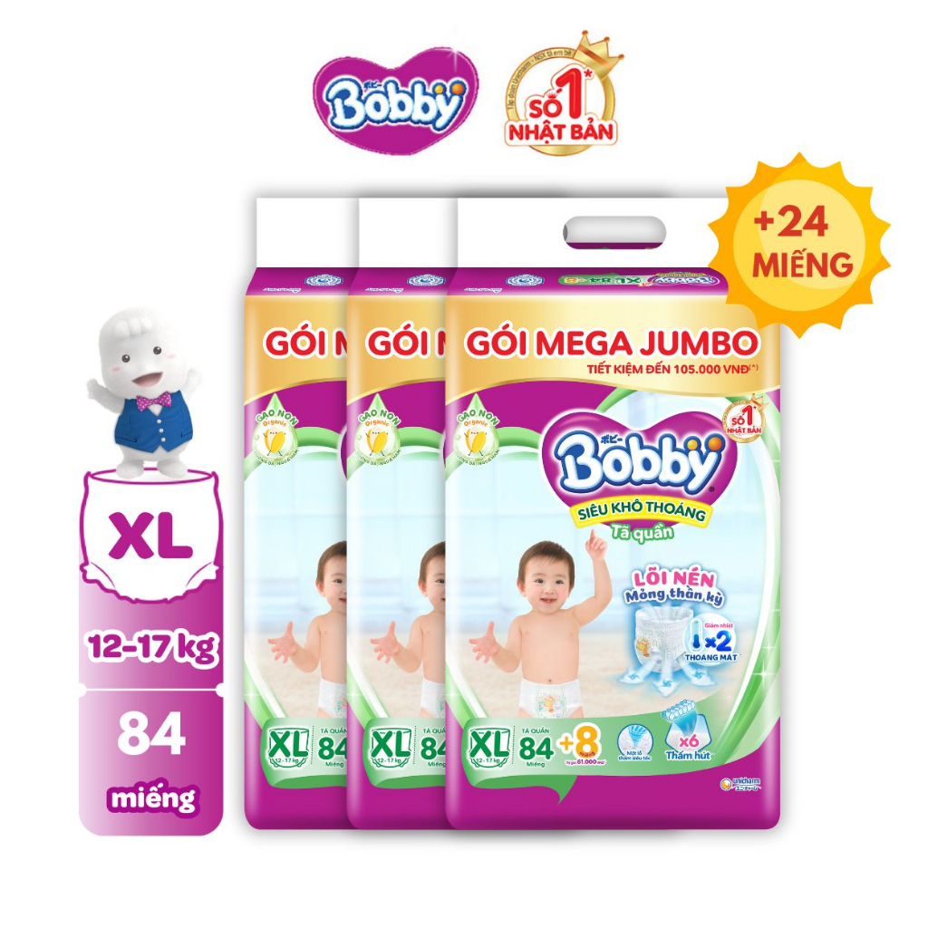 [V] - [TẶNG THÊM 8 MIẾNG] Bộ 3 Tã/bỉm quần Bobby 3mm Mega Jumbo Gạo non Giảm nhiệt M112/L96/XL84/XXL76