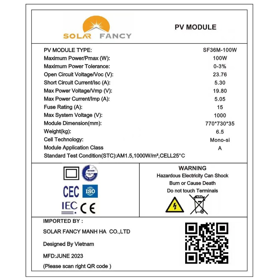 Tấm Pin Mono Năng Lượng Mặt Trời SUNTEK SF36M-100W/19V - Hàng Chính Hãng - Bảo hành 10 năm - Tuổi thọ 30 đến 50 năm