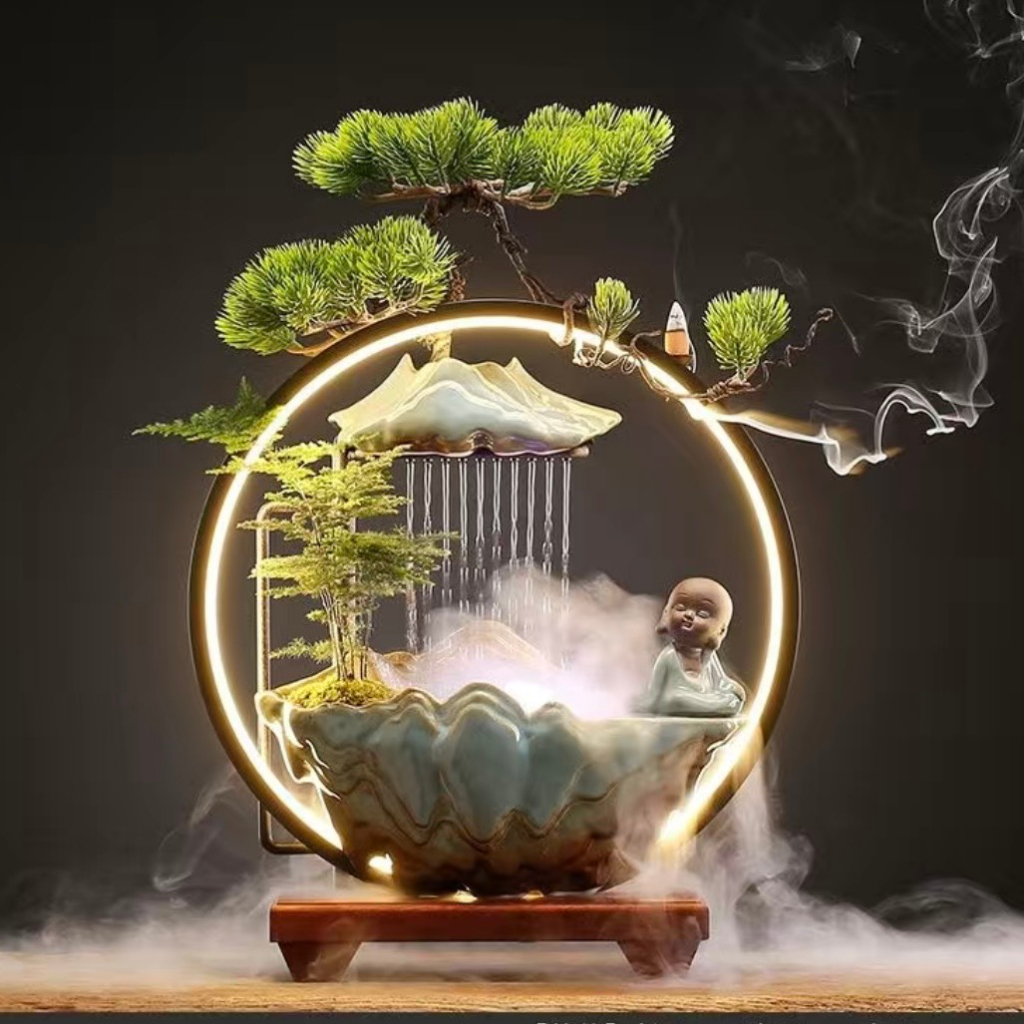 Thác nước phong thuỷ tiểu cảnh để bàn tượng hươu, thác khói trầm decor trang trí nhà cửa, an nhiên