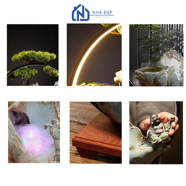 Thác nước phong thuỷ tiểu cảnh để bàn tượng hươu, thác khói trầm decor trang trí nhà cửa, an nhiên