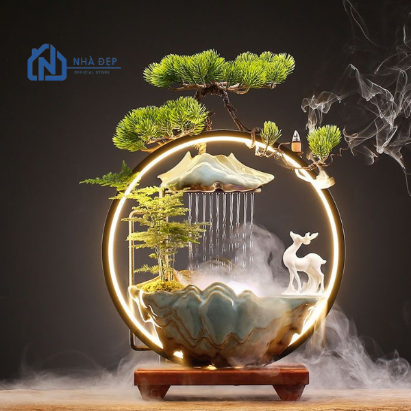 Thác nước phong thuỷ tiểu cảnh để bàn tượng hươu, thác khói trầm decor trang trí nhà cửa, an nhiên