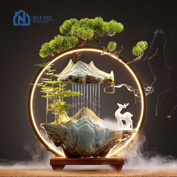 Thác nước phong thuỷ tiểu cảnh để bàn tượng hươu, thác khói trầm decor trang trí nhà cửa, an nhiên