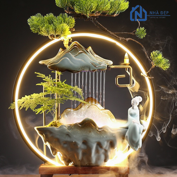 Thác nước phong thuỷ tiểu cảnh để bàn tượng hươu, thác khói trầm decor trang trí nhà cửa, an nhiên