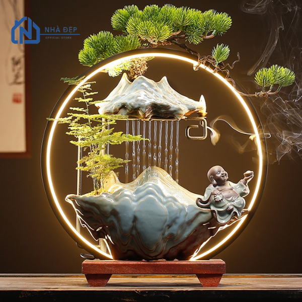 Thác nước phong thuỷ tiểu cảnh để bàn tượng hươu, thác khói trầm decor trang trí nhà cửa, an nhiên
