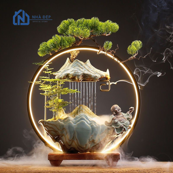 Thác nước phong thuỷ tiểu cảnh để bàn tượng hươu, thác khói trầm decor trang trí nhà cửa, an nhiên