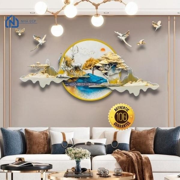 Tranh treo tường phù điêu đôi hươu khung thép sơn tĩnh điện, mặt tranh tráng gương