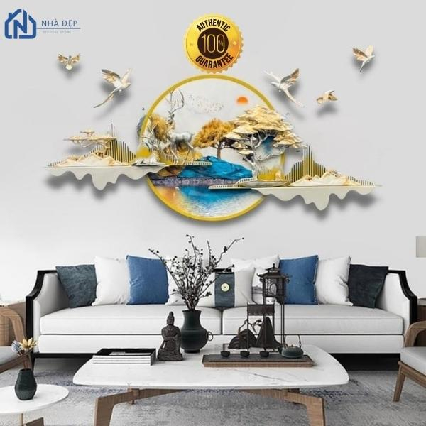 Tranh treo tường phù điêu đôi hươu khung thép sơn tĩnh điện, mặt tranh tráng gương