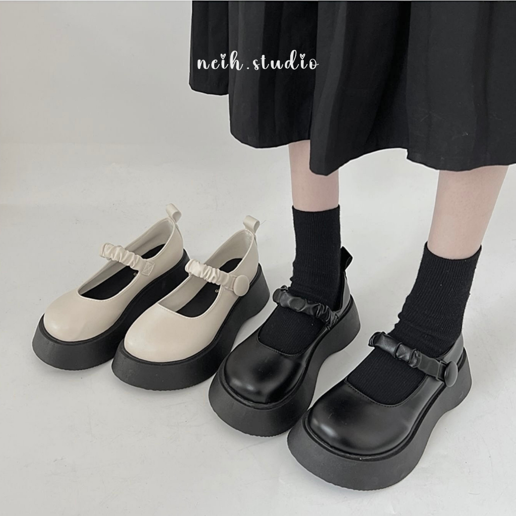 Giày Oxford nữ trơn đế bằng quai nhún 2 màu đen - be neih.studio