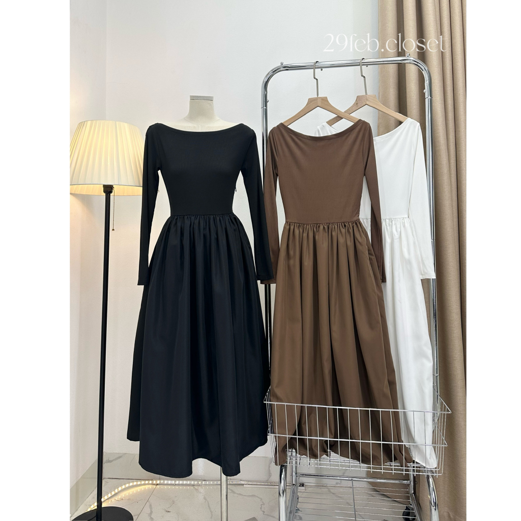 29feb.closet Váy xinh trễ vai dài tay nữ chất thun tăm phối thô mềm xòe dài nhẹ nhàng - V141