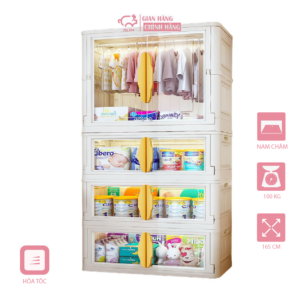 Tủ quần áo nhựa gấp gọn trong suốt cho bé PIGPOX - Tủ đựng đồ gấp gọn tiện lợi nhựa cứng, cánh tủ nam châm đóng tự động