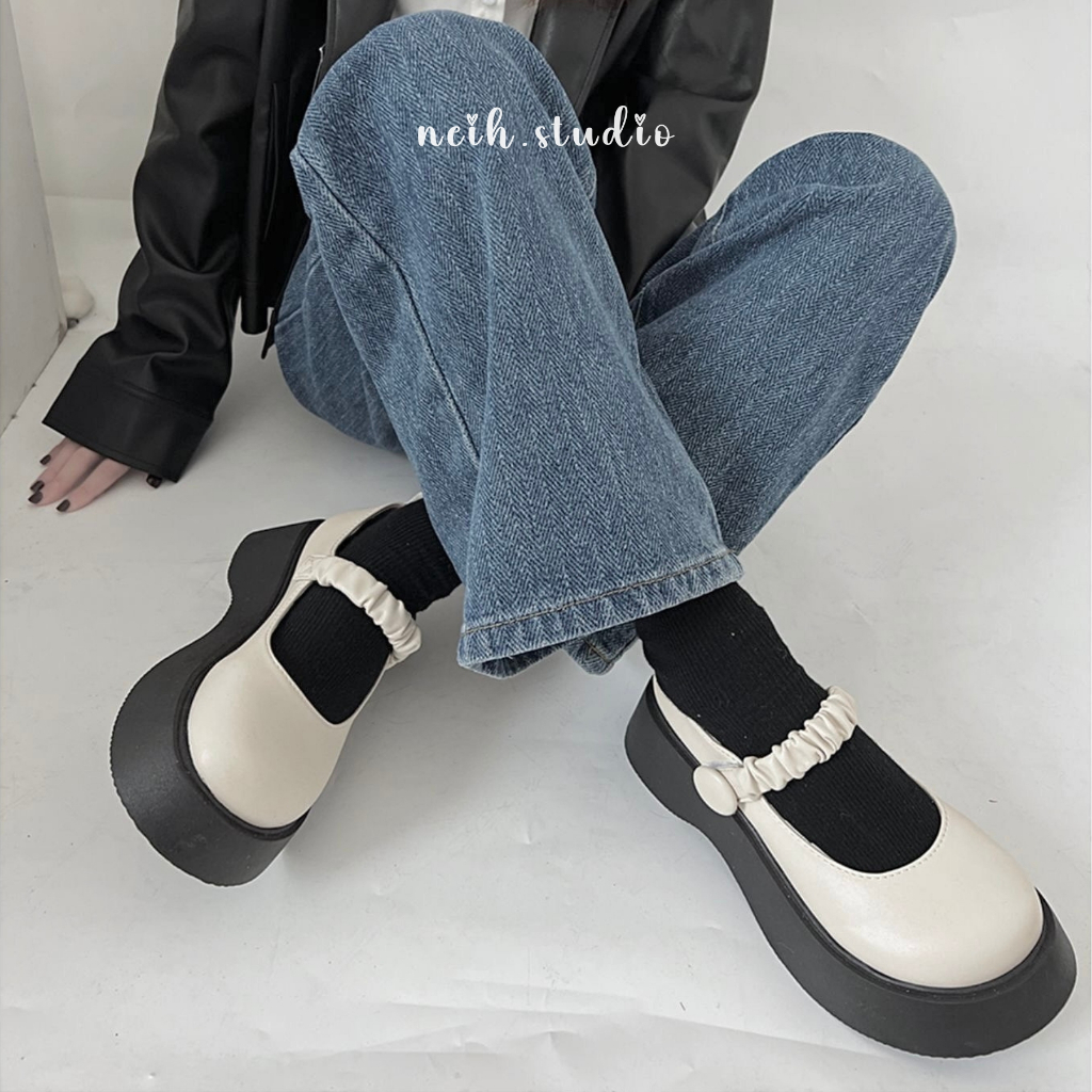 Giày Oxford nữ trơn đế bằng quai nhún 2 màu đen - be neih.studio