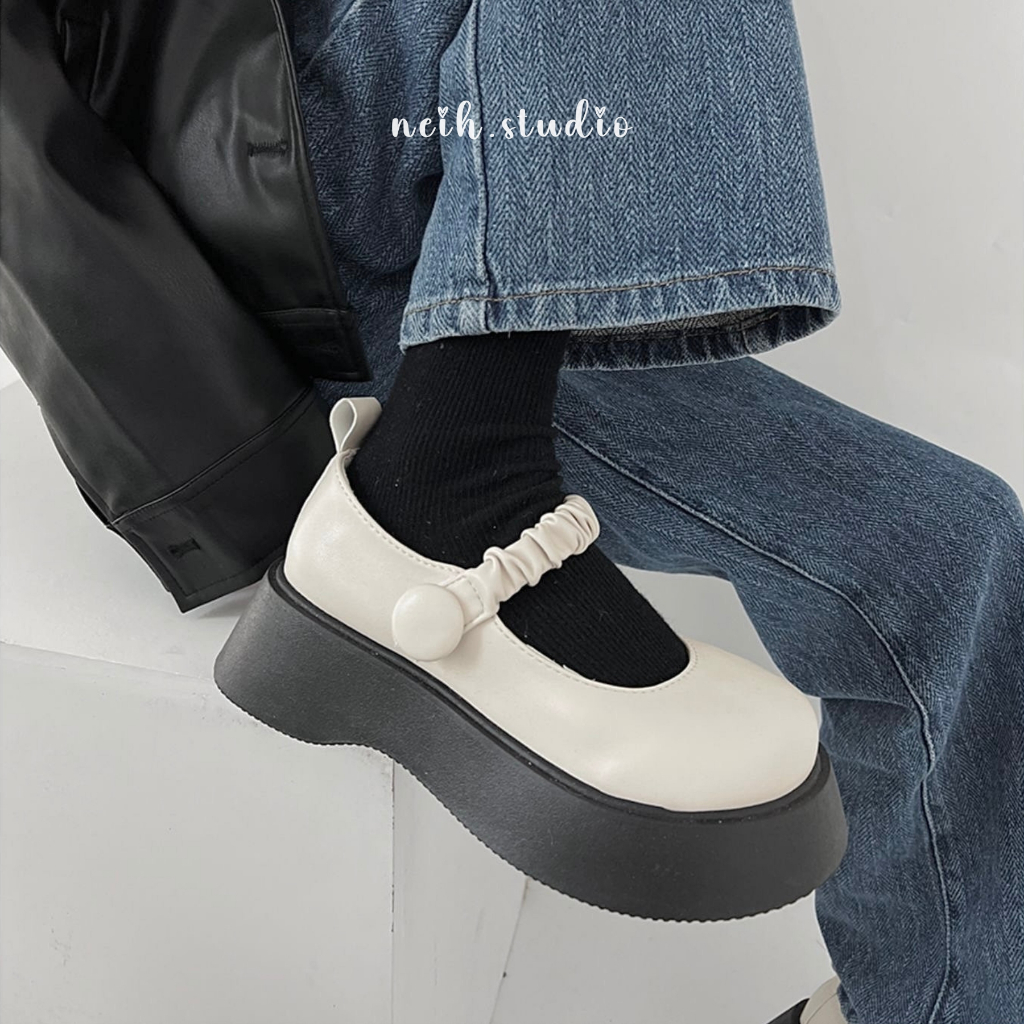 Giày Oxford nữ trơn đế bằng quai nhún 2 màu đen - be neih.studio