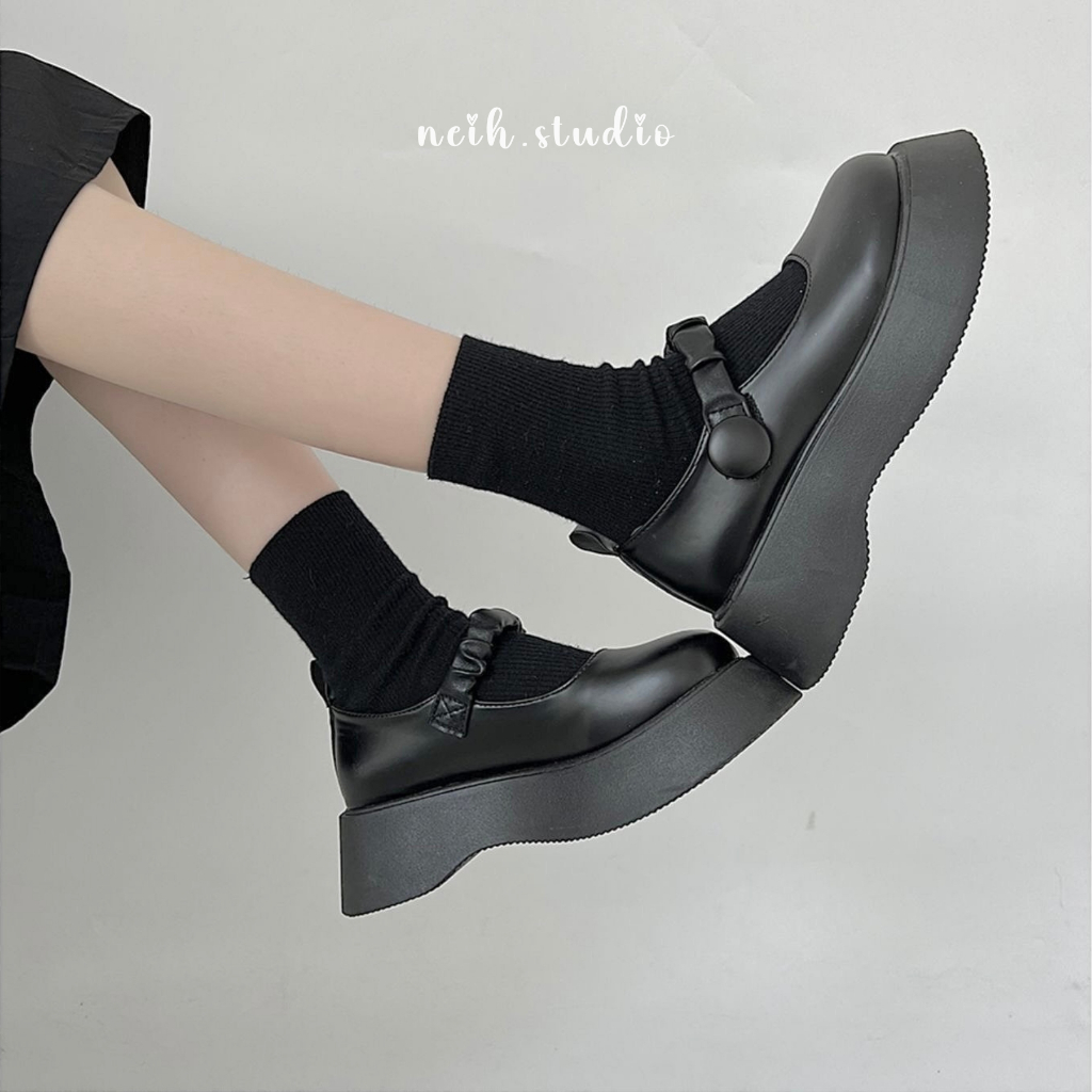 Giày Oxford nữ trơn đế bằng quai nhún 2 màu đen - be neih.studio