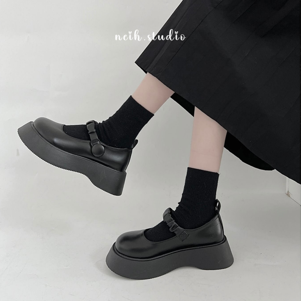 Giày Oxford nữ trơn đế bằng quai nhún 2 màu đen - be neih.studio