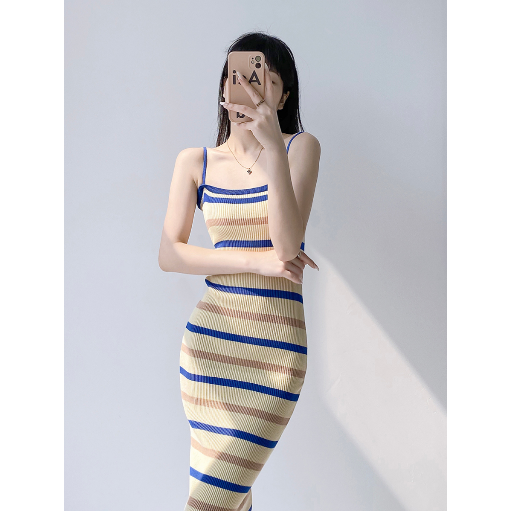 Váy 2 dây dáng dài chân bút chì hở vai sexy cá tính họa tiết kẻ sọc ngang nhiều màu sắc retro Hàn Quốc M54 D2-1.1