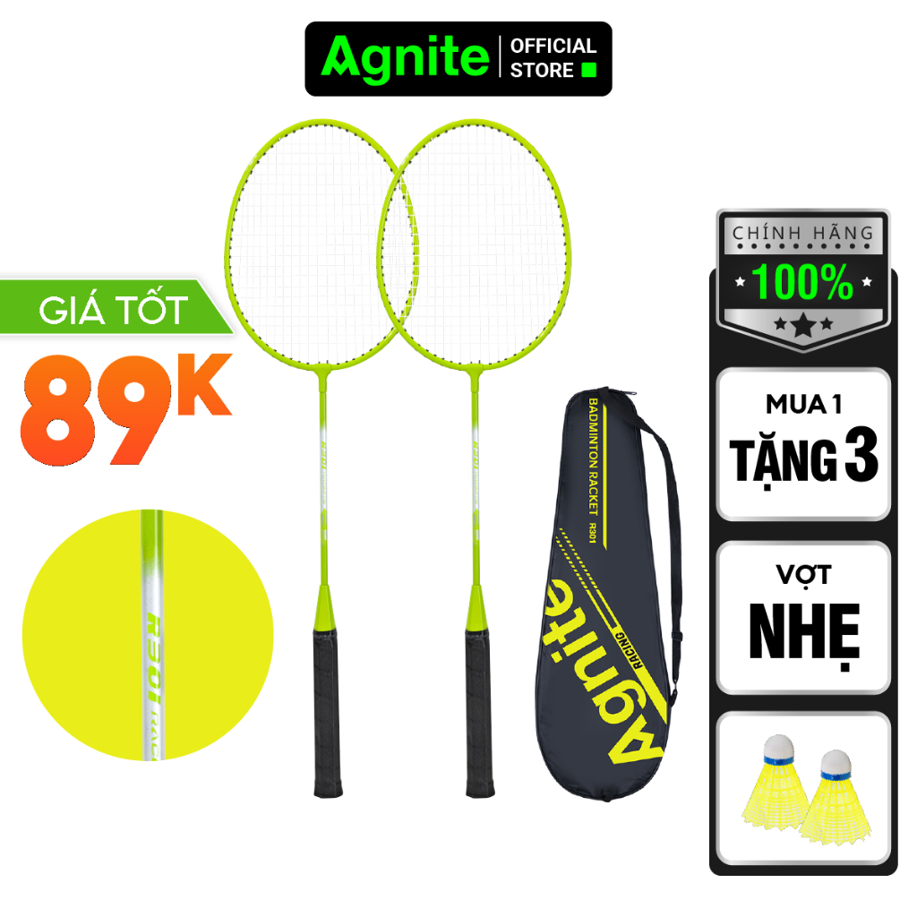 Bộ 2 vợt cầu lông giá rẻ chính hãng Agnite, bền, nhẹ, tặng kèm túi vợt và quả cầu lông - ER301/ER302