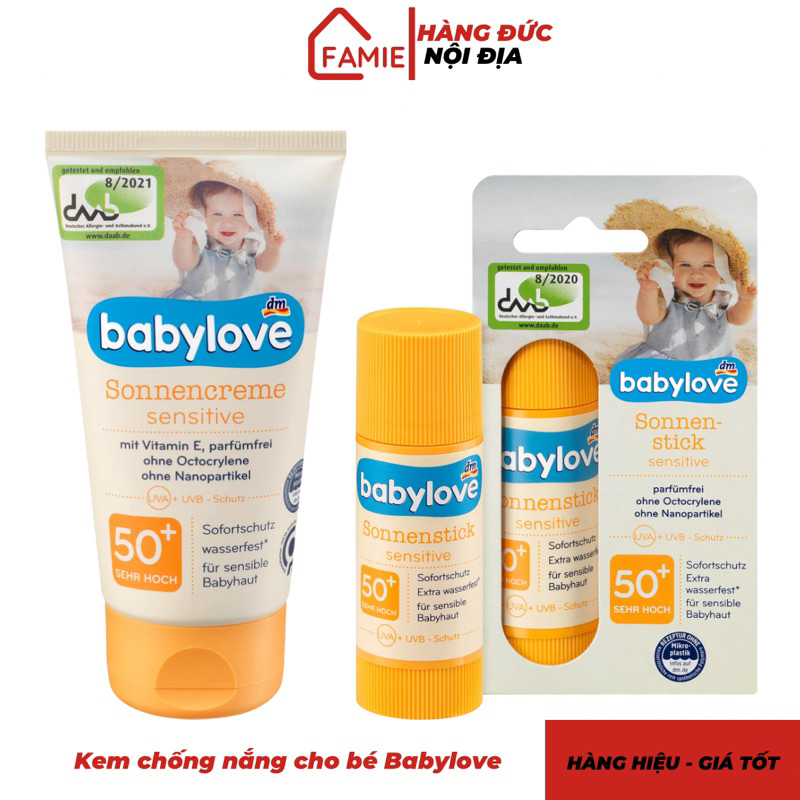 Kem chống nắng Babylove SPF 50+ dành cho bé và da nhạy cảm, tuýp 30ml/ thanh lăn 20g - Hàng Đức