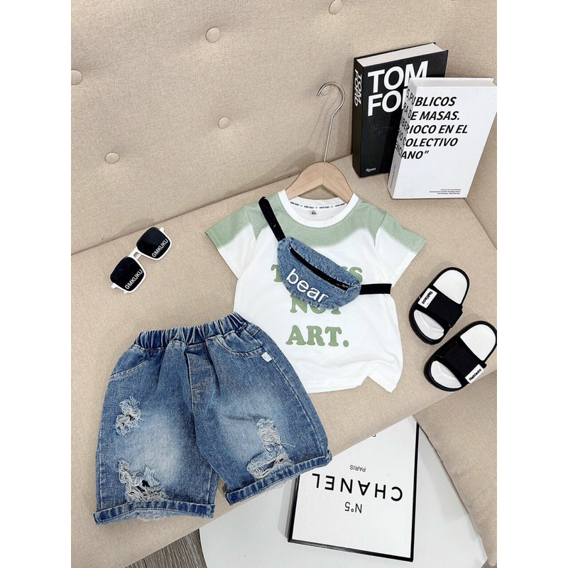 Set quần jean áo ngắn tay bé trai kèm túi đeo chéo bé trai, set đùi quảng cháu bé trai